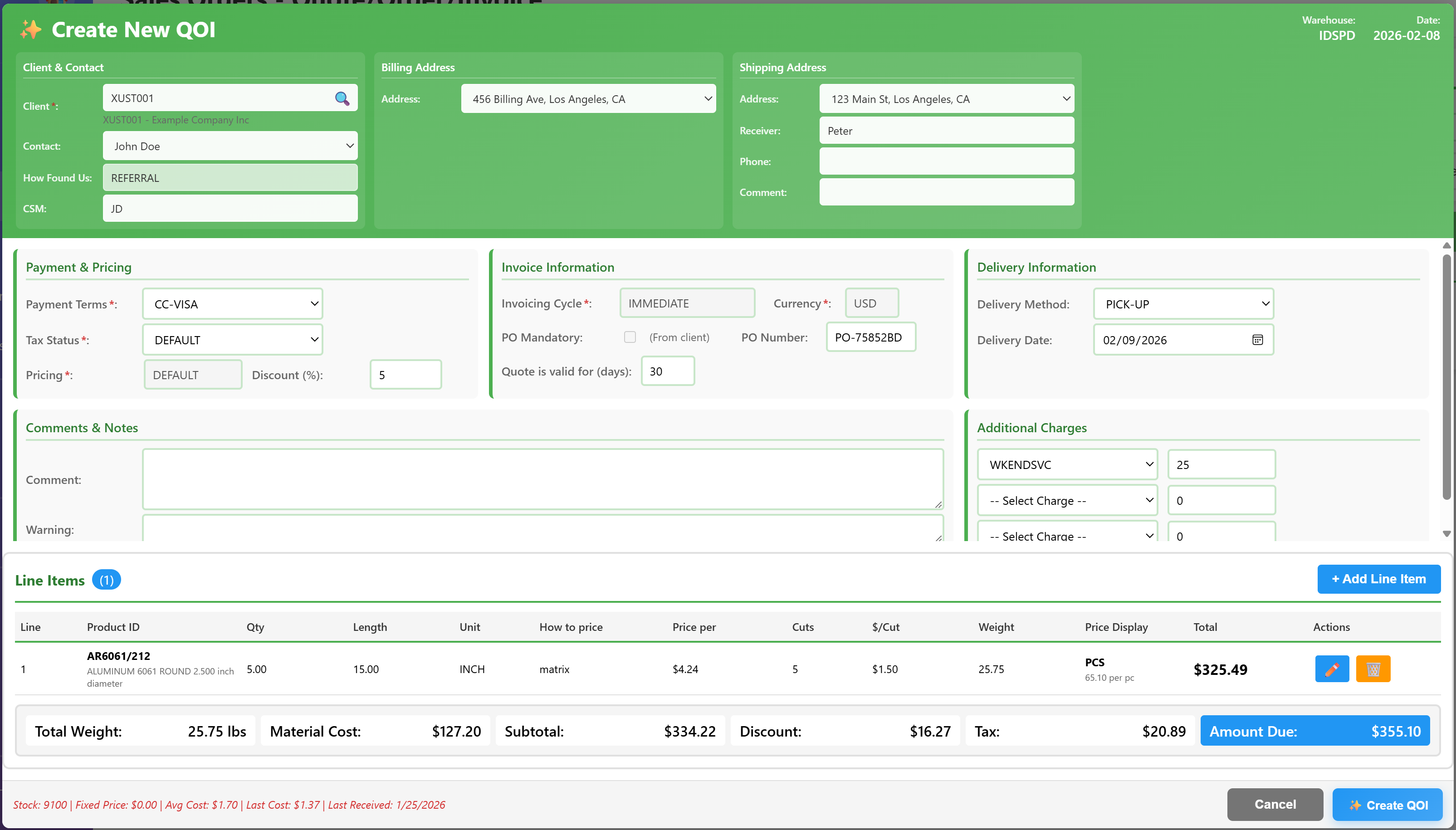 Quote/Order/Invoice Entry Screen